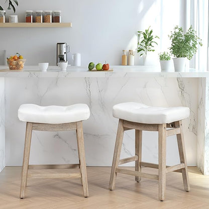 White Bar Stool for Kitchen Counter Island Counter Height Farmhouse Modern Barstool with Faux Leather Upholstered Backless Seat and Solid Wood Legs 24 inch Bar Chair