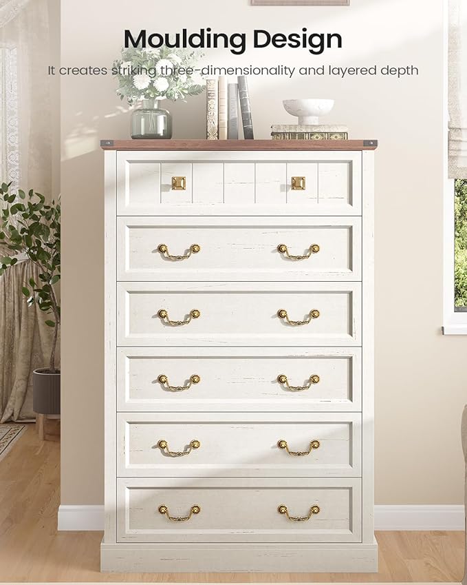 AOGLLATI Farmhouse Dresser with 6 Drawers, 51.2”Tall Wooden Rustic Chest of Drawers with Natural Texture, Vintage Design, Bedroom Dressers with Drawers for Bedroom, Antique White