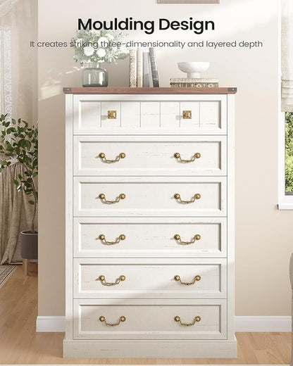 AOGLLATI Farmhouse Dresser with 6 Drawers, 51.2”Tall Wooden Rustic Chest of Drawers with Natural Texture, Vintage Design, Bedroom Dressers with Drawers for Bedroom, Antique White