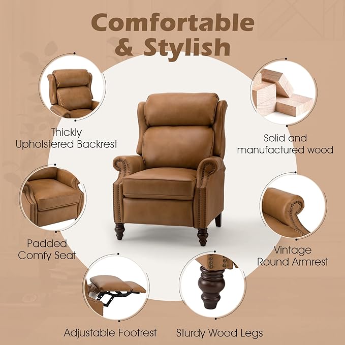 HULALA HOME Genuine Leather Recliner Chair, Traditional Manual Pushback Comfy Seating for Living Room, Thick Cushion & Solid Wood Legs, Wingback Recliner with Nailhead Trim, Camel