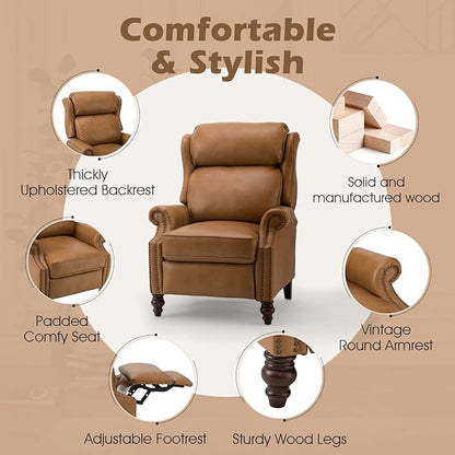 HULALA HOME Genuine Leather Recliner Chair, Traditional Manual Pushback Comfy Seating for Living Room, Thick Cushion & Solid Wood Legs, Wingback Recliner with Nailhead Trim, Camel
