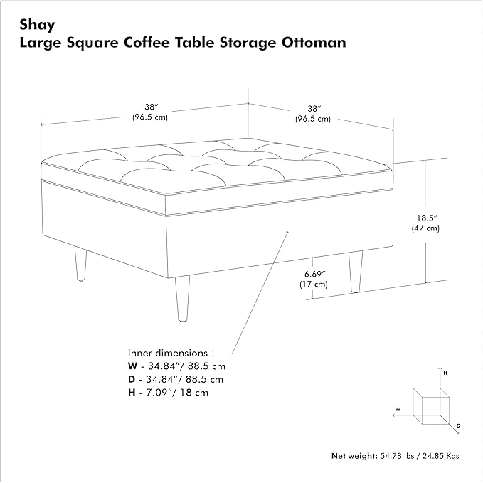 SIMPLIHOME Shay 38 inch Wide Mid Century Modern Large Square Coffee Table Storage Ottoman in Distressed Black Vegan Faux Leather, Assembled, for The Living Room and Entryway