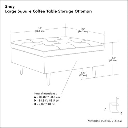 SIMPLIHOME Shay 38 inch Wide Mid Century Modern Large Square Coffee Table Storage Ottoman in Distressed Black Vegan Faux Leather, Assembled, for The Living Room and Entryway