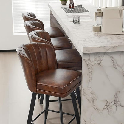 Swivel Counter Height Bar Stools Set of 3, 26'' Modern Barstools with Backs and Metal Legs, Upholstered Bar Chairs, Faux Leather Brown Stools for Kitchen Island Chairs