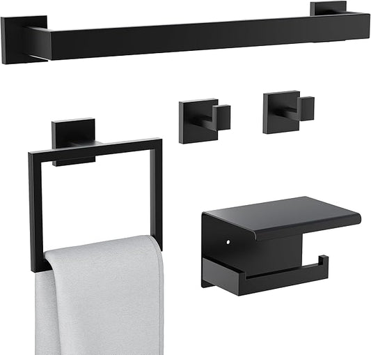 5-Pieces Bathroom Hardware Set, SUS304 Stainless Steel Wall Mounted 23.6 Inch Towel Bar, Toilet Paper Holder, Towel Hooks, Bathroom Towel Bar Set (Matte Black (Type 2), 5 Piece-23.6 inch)
