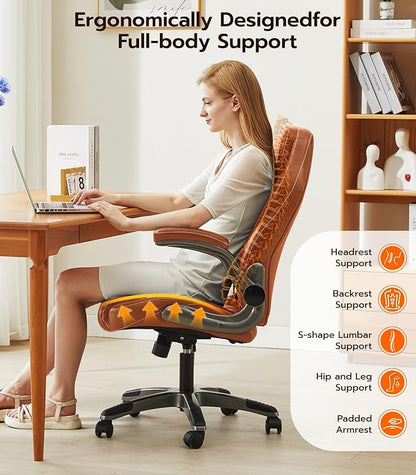 Office Desk Chair, Ergonomic Computer Chair with Padded Flip-Up Arms and Adjustable Lumbar Support, PU Leather Executive Chair with Tilt Lock and 360° Swivel Rolling Wheels for Work, Study