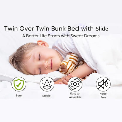 Twin Over Twin Metal Floor Bunk Bed with Slide,Metal Junior House Twin Size House Bunk Bed Frame with Ladder & Roof for Boy Girl, No Box Spring Needed,Low Bunk Bed Frame with Convertible Slide