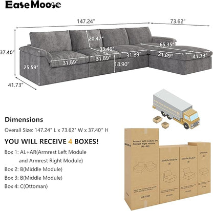 EASE MOOSE Oversized Cloud Couch Sectional Sofa, L-Shaped Large Modular Couch for Living Room, Minimalist Boneless Convertible Couches with Ottoman, 5-Seat Deep Sofas for Bedroom, Chenille (Grey)
