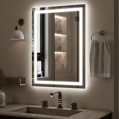 VooBang LED Wall Mounted Mirror with Lights, 40x30 inches Bathroom Mirror, Button to Adjust Lights, Three Lighting Modes, Tempered Glass with Anti-Fog Function, Suitable for Vanity and Bedroom, White
