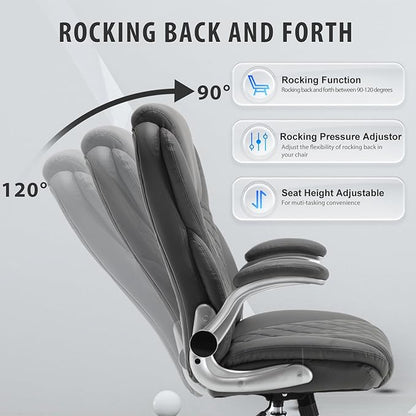 Executive Office Chair, Pu Leather High Back Ergonomic Office Desk Chairs with Wheels, 90-120° Rocking Managerial Chair Home Computer Chairs with Flip-up Armrests and Lumbar Support, Grey