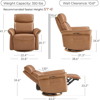 CHITA Genuine Leather Power Recliner Chair, Electric Triple-Motor Swivel Glider Nursery Rocking Chair with Adjustable Power Headrest and Lumbar Support, Solid Wood Base, Saddle Brown