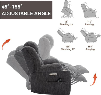Electric Power Lift Chair, Chenille Recliner Massage Chair Living Room Furniture with 8-Point Vibration Massage and Lumbar Heating, USB and Type-C Ports, Cup Holders - Grey