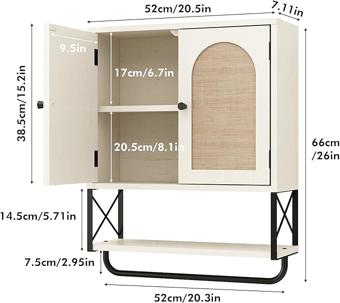 RUSTOWN Rattan Bathroom Wall Cabinet, Boho Over The Toilet Storage Cabinet with Arched Rattan Doors, Modern Medicine Cabinet with Adjustable Shelves & Towel Bar (Vintage White, Medium)