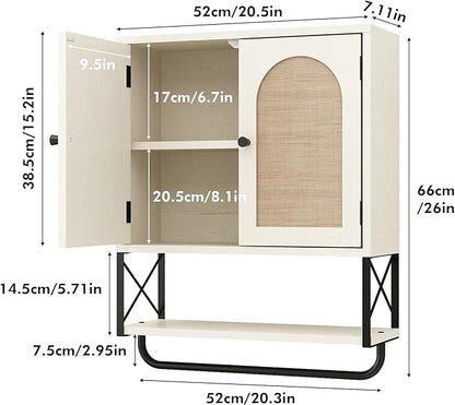 RUSTOWN Rattan Bathroom Wall Cabinet, Boho Over The Toilet Storage Cabinet with Arched Rattan Doors, Modern Medicine Cabinet with Adjustable Shelves & Towel Bar (Vintage White, Medium)