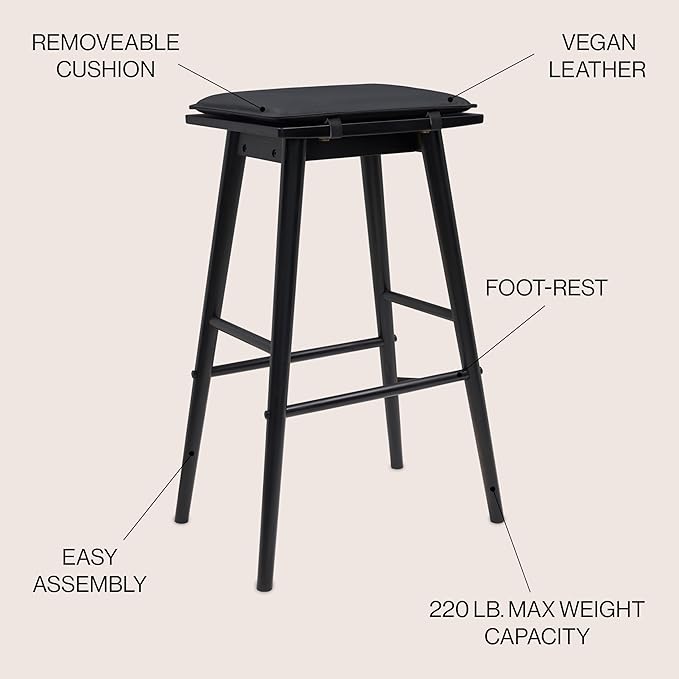 JONATHAN Y BSL2002C Peroni 30.5" MidCentury Classic Saddle-Seat Solid Wood/Vegan Leather Backless Bar Stool for Home, Kitchen, Workspaces, Cafes and Resturants with Removeable Cushion, Black