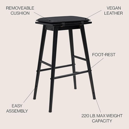 JONATHAN Y BSL2002C Peroni 30.5" MidCentury Classic Saddle-Seat Solid Wood/Vegan Leather Backless Bar Stool for Home, Kitchen, Workspaces, Cafes and Resturants with Removeable Cushion, Black