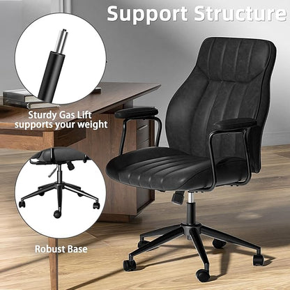 Black Leather Office Desk Chair with Wheels and Arms, Height Adjustable, Vintage, Mid Century Modern Style