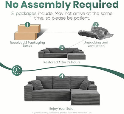 107" Boneless Couches for Living Room, Modular Cloud Sectional Couches L Shaped Sofa with Oversized Chaise Comfy Corduroy Home Sofa (Grey, Right Facing Chaise)