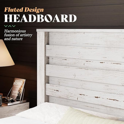 AMERLIFE Farmhouse Full Size Bed Frame with 49" Fluted Headboard, Platform Bed with Natural Wood Grain, No Box Spring Needed/Noise Free, Distressed White