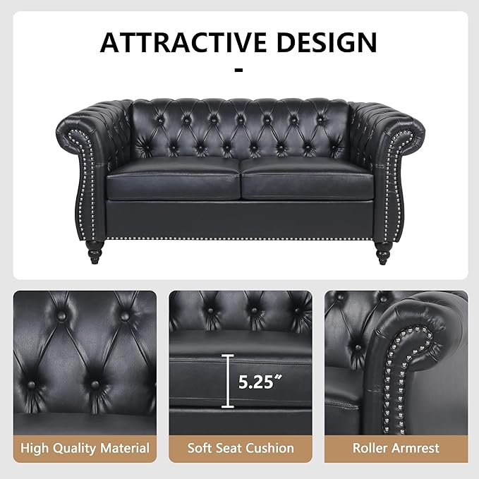 Loveseat Sofa Couch, Modern PU Leather Upholstered Sofa, Oversized Comfy 2 Seater Love Seat Couch with Cushions, Mid Century Tufted Chesterfield Sofa for Living Room, Bedroom, Apartment (Black)