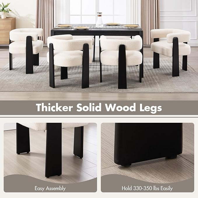 Modern Boho Dining Chairs Set of 2, White Boucle Upholstered Barrel Armchairs with Plush Teddy Fabric, Solid Black Wooden Legs, Mid-Century Accent Chairs for Dining Room, Living Room, Kitchen