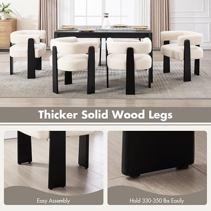 Modern Boho Dining Chairs Set of 4, White Boucle Upholstered Barrel Armchairs with Plush Teddy Fabric, Solid Black Wooden Legs, Mid-Century Accent Chairs for Dining Room, Living Room, Kitchen
