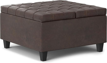 SIMPLIHOME Harrison 30 inch Wide Transitional Square Small Coffee Table Storage Ottoman in Distressed Brown Vegan Faux Leather, Assembled, for The Living Room and Bedroom