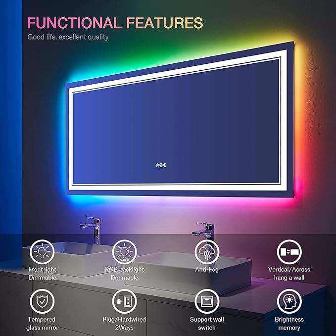 48 x 36 Inch RGB LED Mirror for Bathroom, RGB Backlit and Front Lighted Bathroom Mirror, Large Dimmable Vanity Mirror with Lights,Anti-Fog, Memory,ETL Listed, Wall Mounted