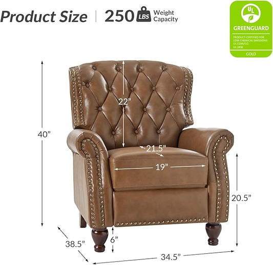 HULALA HOME Genuine Leather Manual Recliner Chair, Adjustable Tufted Push Back Reclining Sofa Armchair with Rivet Decoration & Solid Wood Legs, Modern Living Room Home Theater Seating, Camel