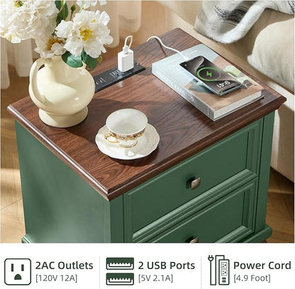 Farmhouse Nightstand with Charging Station, Rustic Low Night Stand with 2 Drawers, Mid-century Modern End Table with 4 Square Solid Wood Legs, Small Vintage Dresser for Bedroom, Home, Green