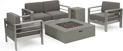 Christopher Knight Home Cape Coral Outdoor Aluminum Chat Set with Fire Table, Khaki / Light Grey