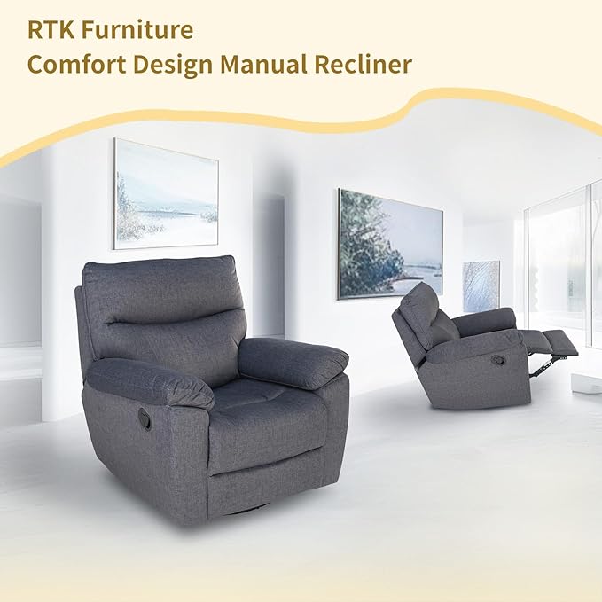 Reclining Sofa Rocking Recliner Chair Manual Adjustable 360 Swivel with Ergonomics Overstuffed Lumbar Arm Support Natural Fabric Surface Made for Living Room, Bedroom, Nursery, Dark Grey