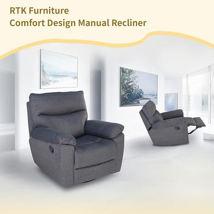 Reclining Sofa Rocking Recliner Chair Manual Adjustable 360 Swivel with Ergonomics Overstuffed Lumbar Arm Support Natural Fabric Surface Made for Living Room, Bedroom, Nursery, Dark Grey