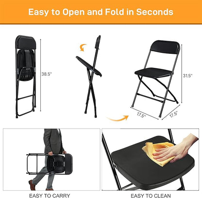 12 Pack Black Plastic Folding Chairs, Portable Party Chairs, Stackable Commercial Seats with Steel Frame for Home Office Wedding Party Indoor Outdoor Events Chairs, 350lbs Capacity