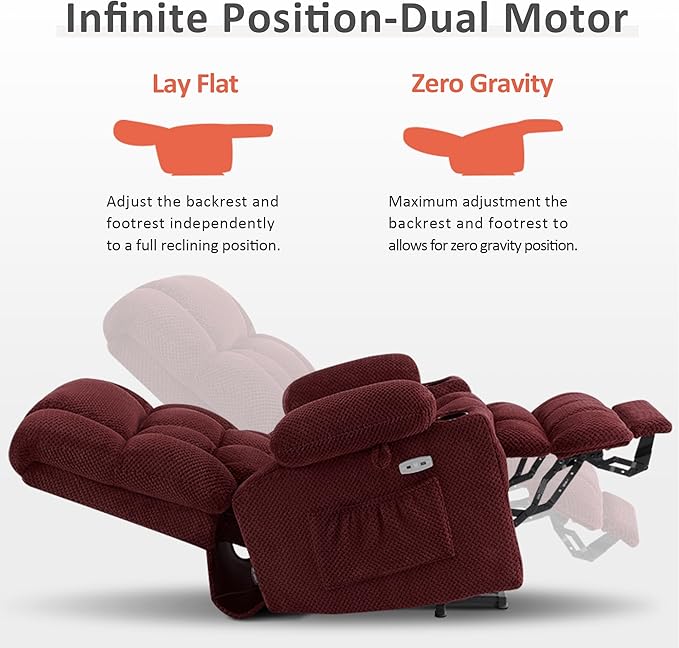 MCombo Dual Motor Large Power Lift Recliner Chair for Elderly, Lay Flat Lift Chair with Heat and Massage, Big Lift Recliner for Tall People, Cup Holders, Fabric 7896 (Large, Burgundy)