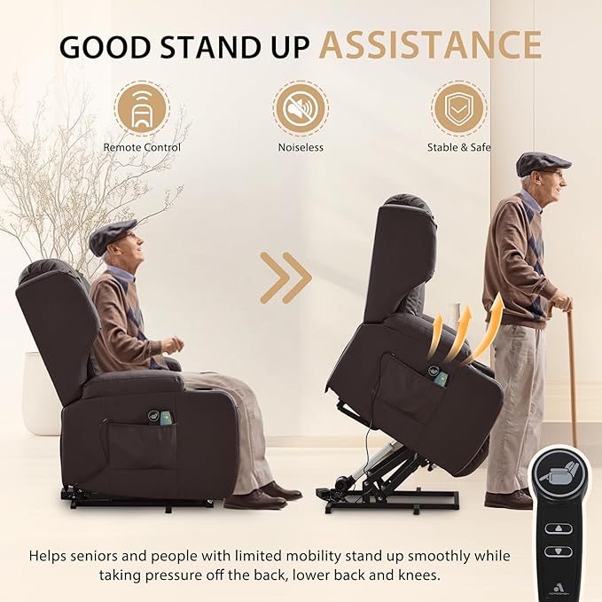Power Lift Chair Recliner with Heat and Massage,Single Sofa Chair Recliner for Elderly,Electric Recliners Comfortable Lift Chairs for Living Room with Remote/Storage/Cup Holders/USB Port (Brown)