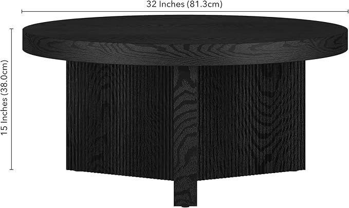 Henn&Hart 32" Fluted Round Low-Profile Coffee Table with Ribbed Pedestal Base for Living Room, Family Room, Office, or Apartment, Black Grain