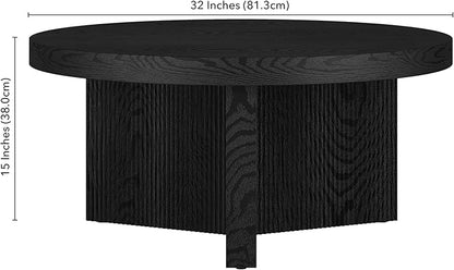 Henn&Hart 32" Fluted Round Low-Profile Coffee Table with Ribbed Pedestal Base for Living Room, Family Room, Office, or Apartment, Black Grain