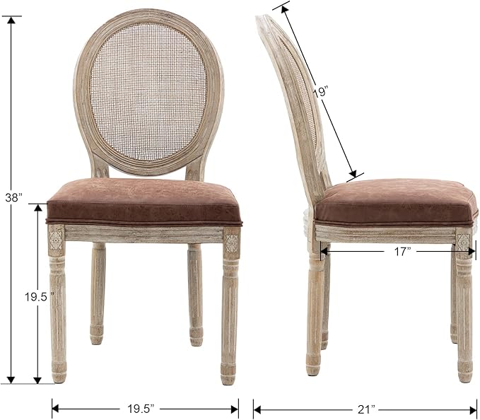 Farmhouse Leather Dining Room Chairs Set of 6 French Dining Chairs with Round Rattan Back French Bistro Chairs for Dining Room/Living Room/Kitchen/Restaurant, Brown