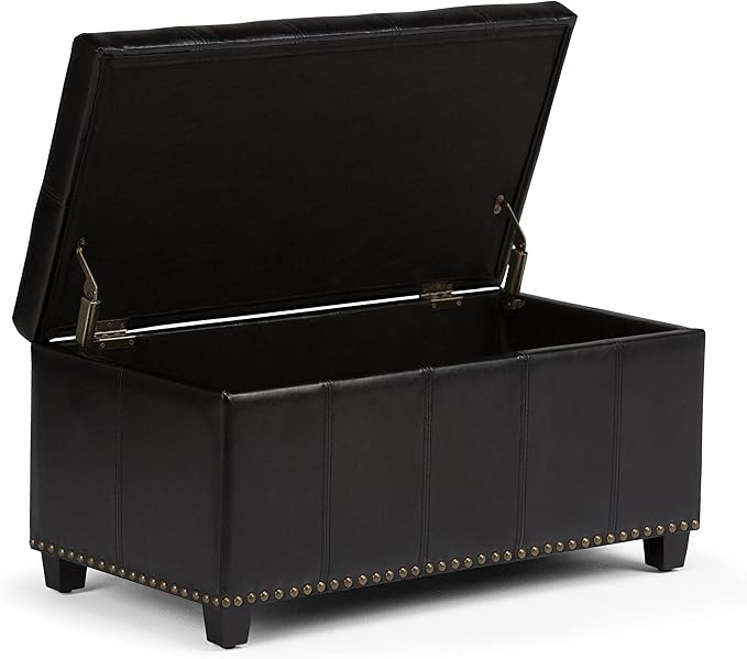 SIMPLIHOME Amelia 33 inch Wide Transitional Rectangle Storage Ottoman Bench in Midnight Black Vegan Faux Leather, Assembled, For the Living Room, Entryway and Family Room