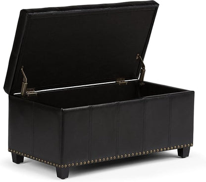 SIMPLIHOME Amelia 33 inch Wide Transitional Rectangle Storage Ottoman Bench in Midnight Black Vegan Faux Leather, Assembled, For the Living Room, Entryway and Family Room