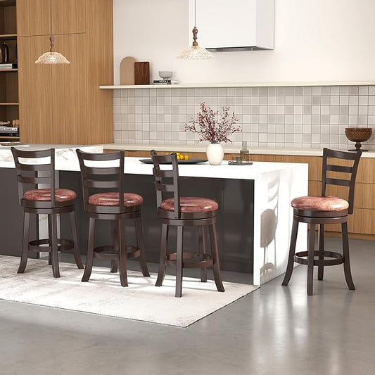 COSTWAY 26" Counter Height Stools Set of 4, Swivel High-Top Chairs with Backrest & Faux Leather Padded Seat, Rubber Wood Counter Barstools with Footrest for Kitchen, Dining Room, Pub (4,26'')