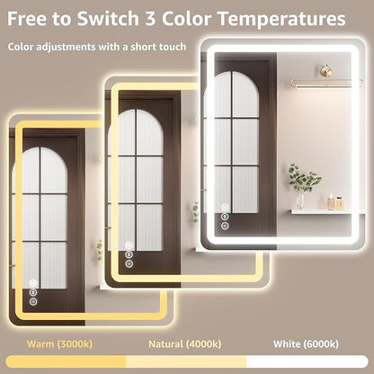 20"L x 28"W Led Bathroom Mirror with Lights, Anti-Fog & Tri-Color Lighting - Wall Mounted Shaving Mirror with Touch Sensor, Waterproof & Smart LED Vanity Mirror,Tempered Glass, Dimmable Smart Mirror