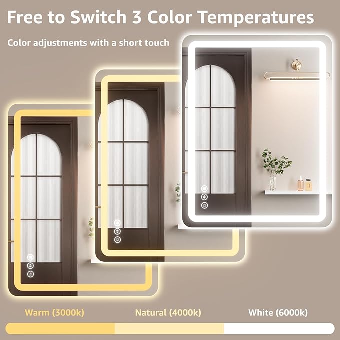 72" x 30" Led Bathroom Mirror with Lights, Anti-Fog & Tri-Color Lighting - Wall Mounted Shaving Mirror with Touch Sensor, Waterproof & Smart LED Vanity Mirror,Tempered Glass, Dimmable Smart Mirror