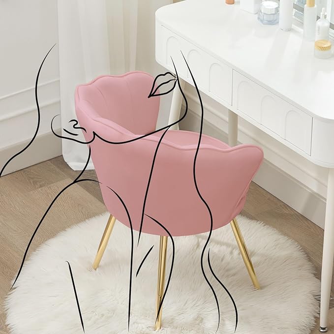 Accent Chairs Set of 2, Velvet Vanity Chair with Back, Mid-Century Modern Small Accent Chair for Living Room, Golden Metal Legs Upholstered Makeup Chair, Bedroom Armchair, Pink