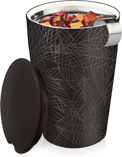 Tea Forte Double-Walled Ceramic Kati Cup, Removable Stainless Steel Infuser Basket and Lid, Steeps 12 oz Loose Leaf Tea, Dishwasher & Microwave Safe, Noir