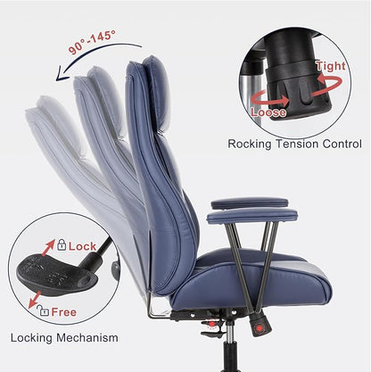 High Back Office Desk Chair,Ergonomic Reclining Office Chair,Modern Swivel Computer Chair,Conference Room Chairs,Navy Blue Leather Chair with Lumbar Support,330lbs