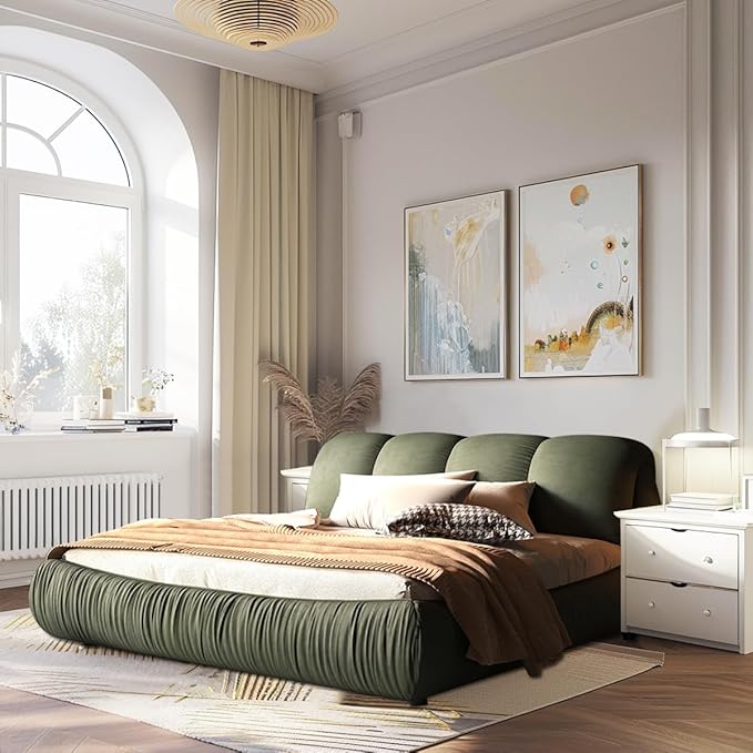 King Size Upholstered Platform Bed with Oversized Padded Backrest and Solid Wood Frame for Bedroom, Apartment Room, Green