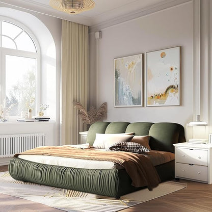 King Size Upholstered Platform Bed with Oversized Padded Backrest and Solid Wood Frame for Bedroom, Apartment Room, Green