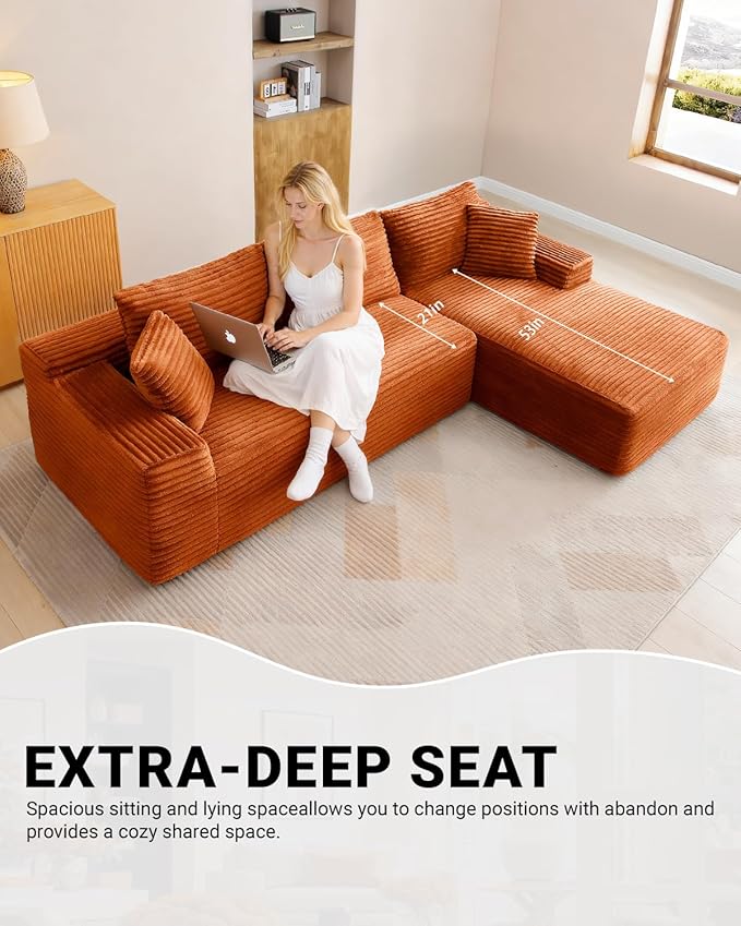 108" Cloud Sectional Couch,Modern Modular Sectional Sofa with Deep Seat,Corduroy Boneless Couches with L-Shape Chaise for Living Room,No Assembly Required (Orange, Right Facing Chaise)